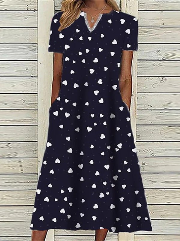 Women's Dresses Heart Print Pocket Short Sleeve Dress - Midi Dresses - Instastyled | Online Fashion Free Shipping Clothing, Dresses, Tops, Shoes - 05/08/2022 - Casual Dresses - Color_Black