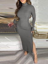 Women's Dresses High Collar Long Sleeve Slit Dress - Maxi Dresses - Instastyled | Online Fashion Free Shipping Clothing, Dresses, Tops, Shoes - 17/01/2022 - 30-40 - color-gray