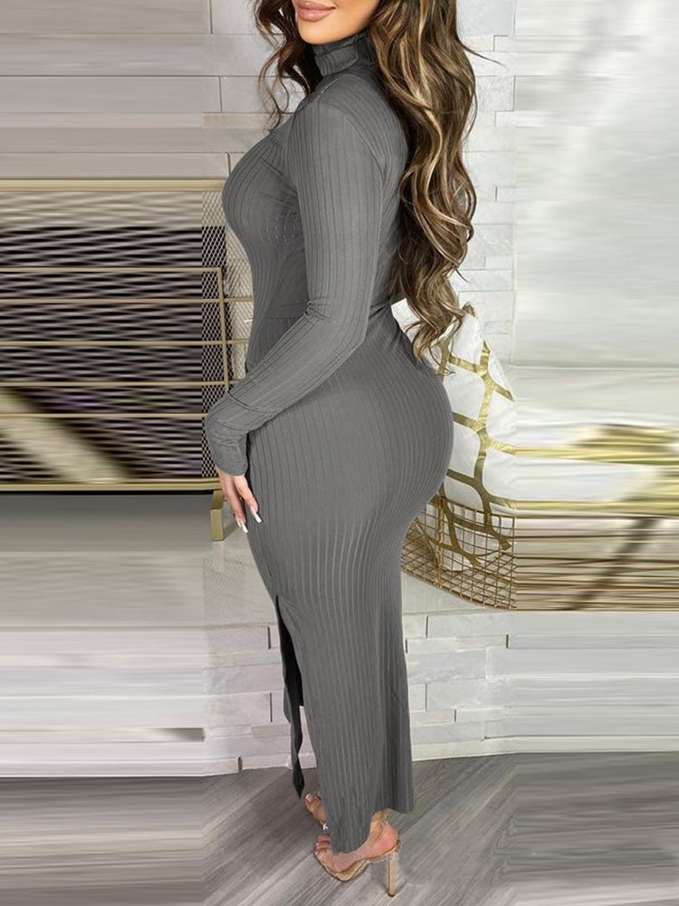 Women's Dresses High Collar Long Sleeve Slit Dress - Maxi Dresses - Instastyled | Online Fashion Free Shipping Clothing, Dresses, Tops, Shoes - 17/01/2022 - 30-40 - color-gray