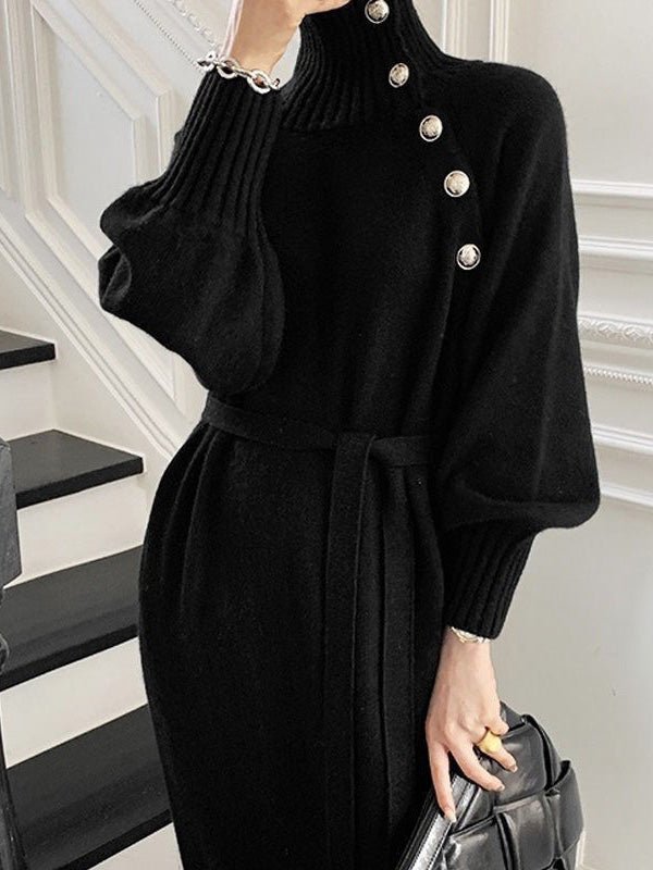 Women's Dresses High Neck Button Tie Long Sleeve Sweater Dress - Maxi Dresses - Instastyled | Online Fashion Free Shipping Clothing, Dresses, Tops, Shoes - 06/09/2022 - Color_Apricot - Color_Black
