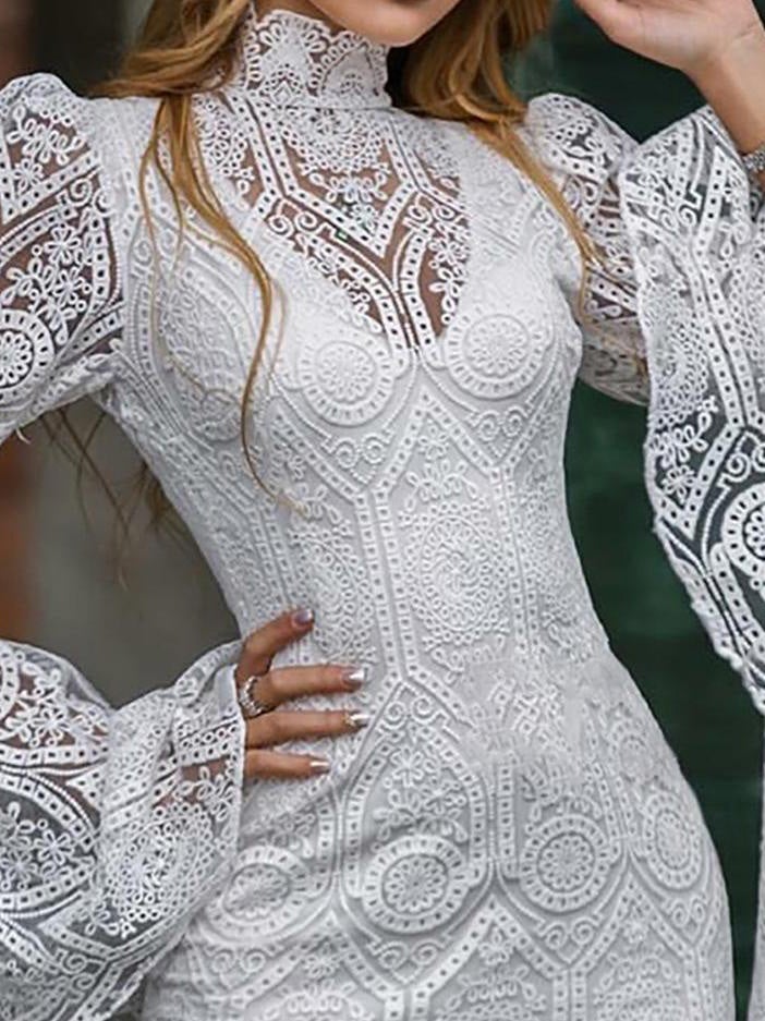 Women's Dresses High Neck Lace Flared Long Sleeve Dress - Midi Dresses - Instastyled | Online Fashion Free Shipping Clothing, Dresses, Tops, Shoes - 04/01/2022 - color-white - Color_White