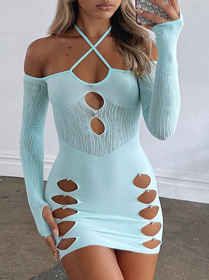 Women's Dresses Hollow Halter Mesh Panel Long Sleeve Dress - Mini Dresses - Instastyled | Online Fashion Free Shipping Clothing, Dresses, Tops, Shoes - 16/05/2022 - 30-40 - Bodycon Dresses