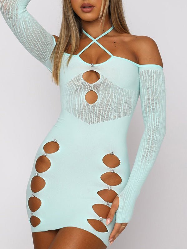 Women's Dresses Hollow Halter Mesh Panel Long Sleeve Dress - Mini Dresses - Instastyled | Online Fashion Free Shipping Clothing, Dresses, Tops, Shoes - 16/05/2022 - 30-40 - Bodycon Dresses