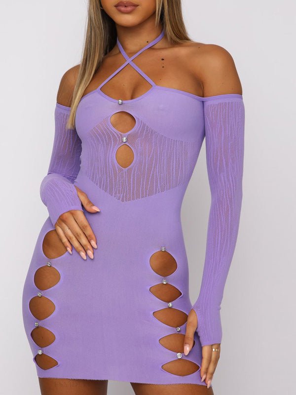 Women's Dresses Hollow Halter Mesh Panel Long Sleeve Dress - Mini Dresses - Instastyled | Online Fashion Free Shipping Clothing, Dresses, Tops, Shoes - 16/05/2022 - 30-40 - Bodycon Dresses