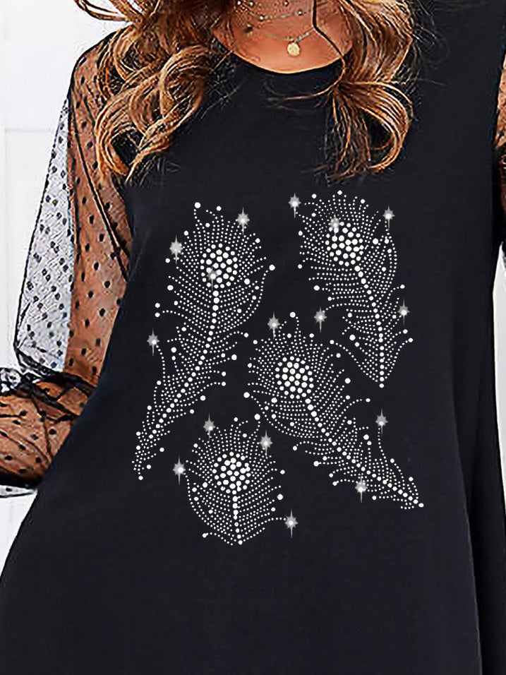 Women's Dresses Hot Rhinestone Feather Mesh Stitching Long Sleeve Dress - Midi Dresses - Instastyled | Online Fashion Free Shipping Clothing, Dresses, Tops, Shoes - 06/01/2022 - 30-40 - Casual Dresses