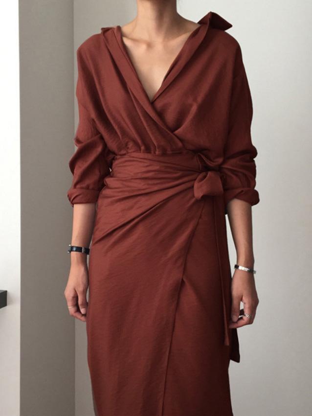 Women's Dresses Irregular Tie V-Neck Long Sleeve Dress - Midi Dresses - INS | Online Fashion Free Shipping Clothing, Dresses, Tops, Shoes - 24/08/2021 - 30-40 - Category_Midi Dresses