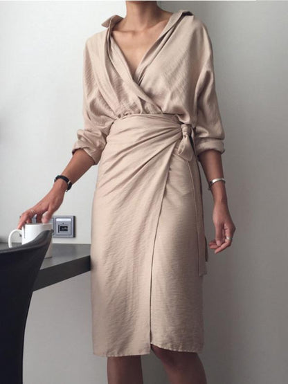 Women's Dresses Irregular Tie V-Neck Long Sleeve Dress - Midi Dresses - INS | Online Fashion Free Shipping Clothing, Dresses, Tops, Shoes - 24/08/2021 - 30-40 - Category_Midi Dresses