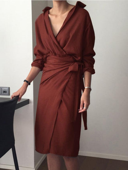 Women's Dresses Irregular Tie V-Neck Long Sleeve Dress - Midi Dresses - INS | Online Fashion Free Shipping Clothing, Dresses, Tops, Shoes - 24/08/2021 - 30-40 - Category_Midi Dresses