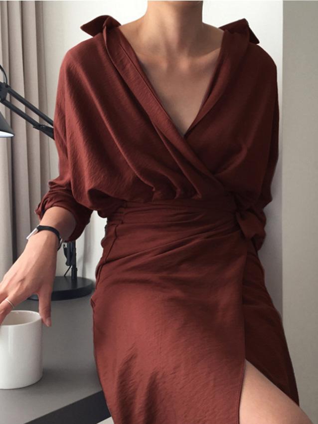 Women's Dresses Irregular Tie V-Neck Long Sleeve Dress - Midi Dresses - INS | Online Fashion Free Shipping Clothing, Dresses, Tops, Shoes - 24/08/2021 - 30-40 - Category_Midi Dresses