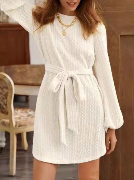 Women's Dresses Knit Crew Neck Long Sleeve Lace-Up Dress - Mini Dresses - Instastyled | Online Fashion Free Shipping Clothing, Dresses, Tops, Shoes - 07/02/2022 - 40-50 - color-white