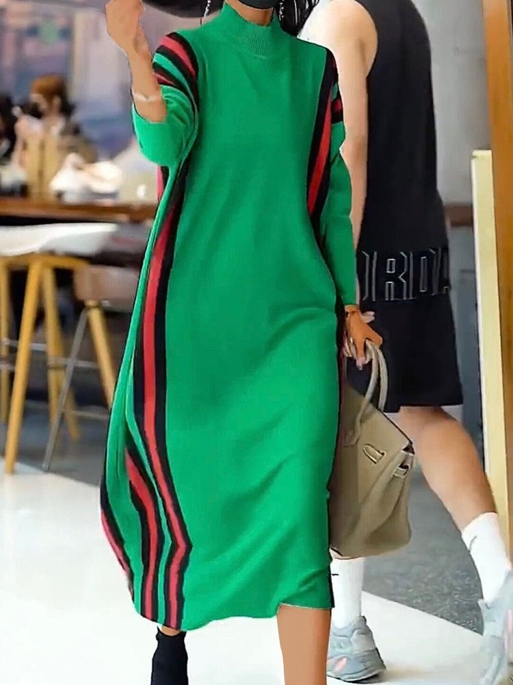 Women's Dresses Knitted Strip Turtleneck Midi Dress - MsDressly