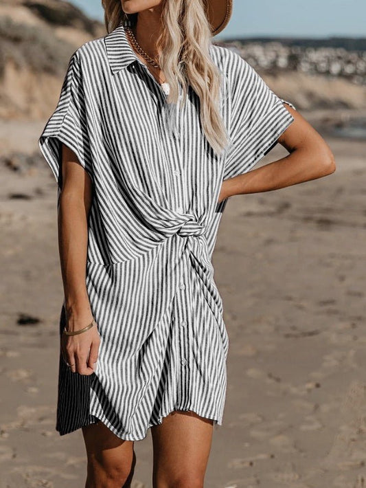 Women's Dresses Knotted Striped Short Sleeve Shirt Dress - Mini Dresses - Instastyled | Online Fashion Free Shipping Clothing, Dresses, Tops, Shoes - 10/03/2022 - 30-40 - color-blue