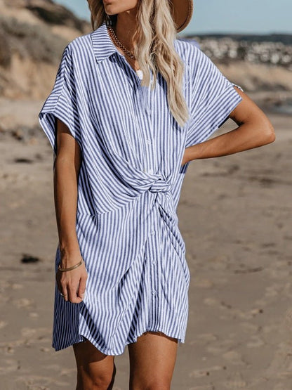 Women's Dresses Knotted Striped Short Sleeve Shirt Dress - Mini Dresses - Instastyled | Online Fashion Free Shipping Clothing, Dresses, Tops, Shoes - 10/03/2022 - 30-40 - color-blue