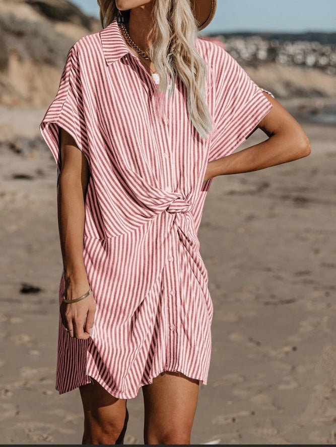 Women's Dresses Knotted Striped Short Sleeve Shirt Dress - Mini Dresses - Instastyled | Online Fashion Free Shipping Clothing, Dresses, Tops, Shoes - 10/03/2022 - 30-40 - color-blue