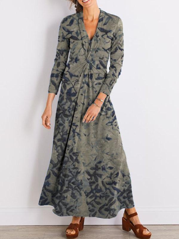 Women's Dresses Knotted V-Neck Printed Long Sleeve Dress - Maxi Dresses - INS | Online Fashion Free Shipping Clothing, Dresses, Tops, Shoes - 04/11/2021 - 20-30 - color-blue