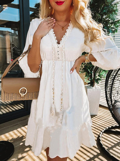 Women's Dresses Lace Fringe 3/4 Sleeve Casual Dress - Mini Dresses - Instastyled | Online Fashion Free Shipping Clothing, Dresses, Tops, Shoes - 02/09/2022 - Casual Dresses - Color_White