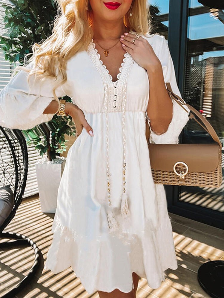 Women's Dresses Lace Fringe 3/4 Sleeve Casual Dress - Mini Dresses - Instastyled | Online Fashion Free Shipping Clothing, Dresses, Tops, Shoes - 02/09/2022 - Casual Dresses - Color_White