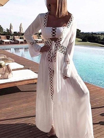 Women's Dresses Lace Hollow Heatproof Cardigan Long Sleeve Dress - Maxi Dresses - Instastyled | Online Fashion Free Shipping Clothing, Dresses, Tops, Shoes - 18/01/2022 - 30-40 - color-beige