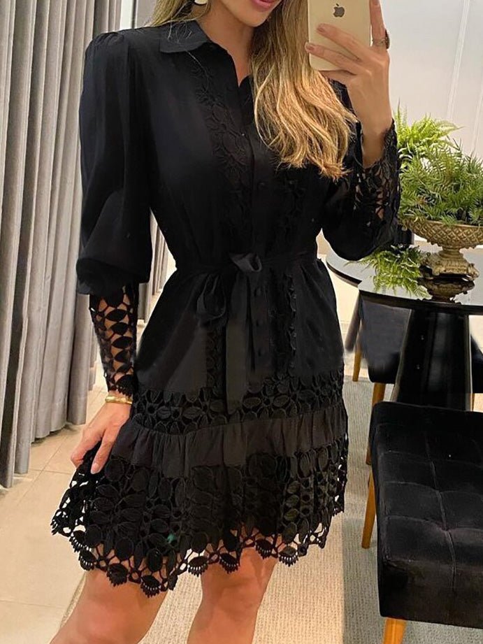 Women's Dresses Lace Hollow Lapel Long Sleeve Dress - Mini Dresses - Instastyled | Online Fashion Free Shipping Clothing, Dresses, Tops, Shoes - 24/08/2022 - 40-50 - casual-dresses