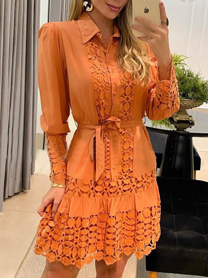 Women's Dresses Lace Hollow Lapel Long Sleeve Dress - Mini Dresses - Instastyled | Online Fashion Free Shipping Clothing, Dresses, Tops, Shoes - 24/08/2022 - 40-50 - casual-dresses