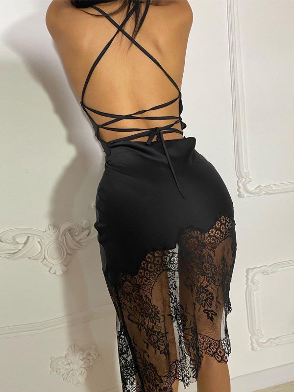 Women's Dresses Lace Panel Belted Bare Back Dress - Midi Dresses - Instastyled | Online Fashion Free Shipping Clothing, Dresses, Tops, Shoes - 17/01/2022 - 20-30 - color-black