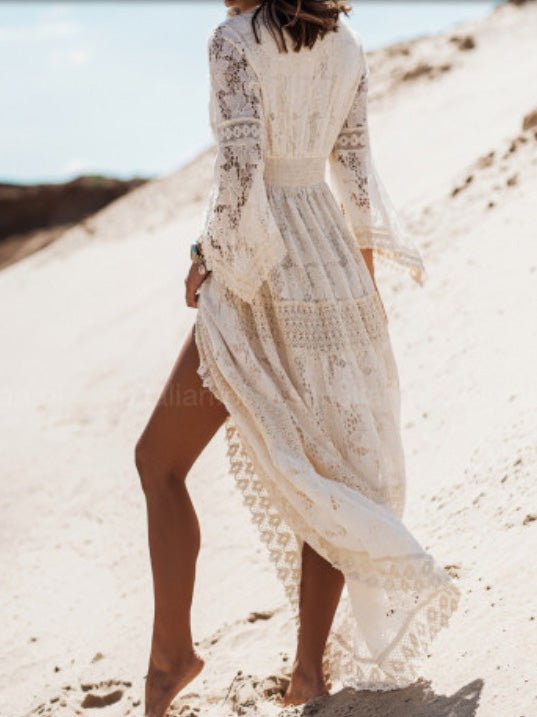 Women's Dresses Lace Panel Fringe Flared Sleeve Maxi Dress - Maxi Dresses - Instastyled | Online Fashion Free Shipping Clothing, Dresses, Tops, Shoes - 03/08/2022 - Color_Apricot - Color_White