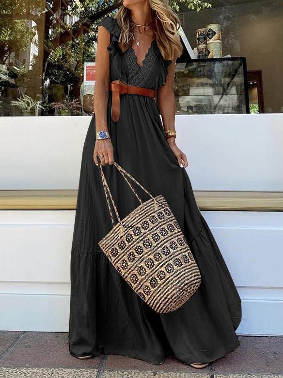 Women's Dresses Lace Pleated V-Neck Sleeveless Dress - Maxi Dresses - Instastyled | Online Fashion Free Shipping Clothing, Dresses, Tops, Shoes - 21/02/2022 - color-black - color-khaki