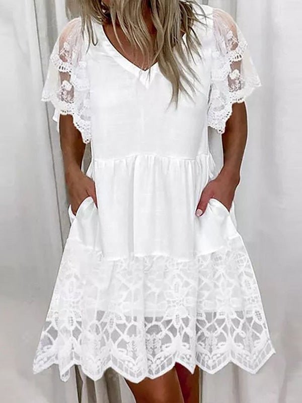 Women's Dresses Lace Pocket V-Neck Short Sleeve Dress - Mini Dresses - Instastyled | Online Fashion Free Shipping Clothing, Dresses, Tops, Shoes - 17/02/2022 - 30-40 - color-white