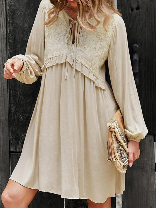 Women's Dresses Lace Stitching V-Neck Long Sleeve Dress - Mini Dresses - Instastyled | Online Fashion Free Shipping Clothing, Dresses, Tops, Shoes - 09/12/2021 - 30-40 - color-apricot