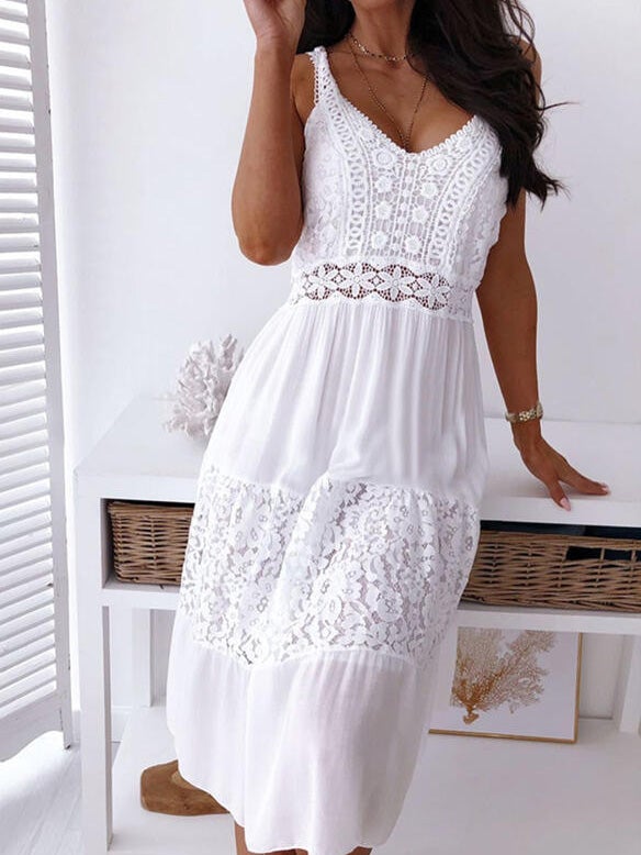 Women's Dresses Lace Stitching V-Neck Suspender Dress - Midi Dresses - Instastyled | Online Fashion Free Shipping Clothing, Dresses, Tops, Shoes - 14//01/2022 - 30-40 - color-white