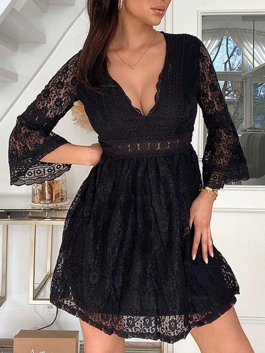 Women's Dresses Lace Stitching V-Neck Three-Quarter Sleeve Dress - Mini Dresses - Instastyled | Online Fashion Free Shipping Clothing, Dresses, Tops, Shoes - 17/12/2021 - 30-40 - color-black