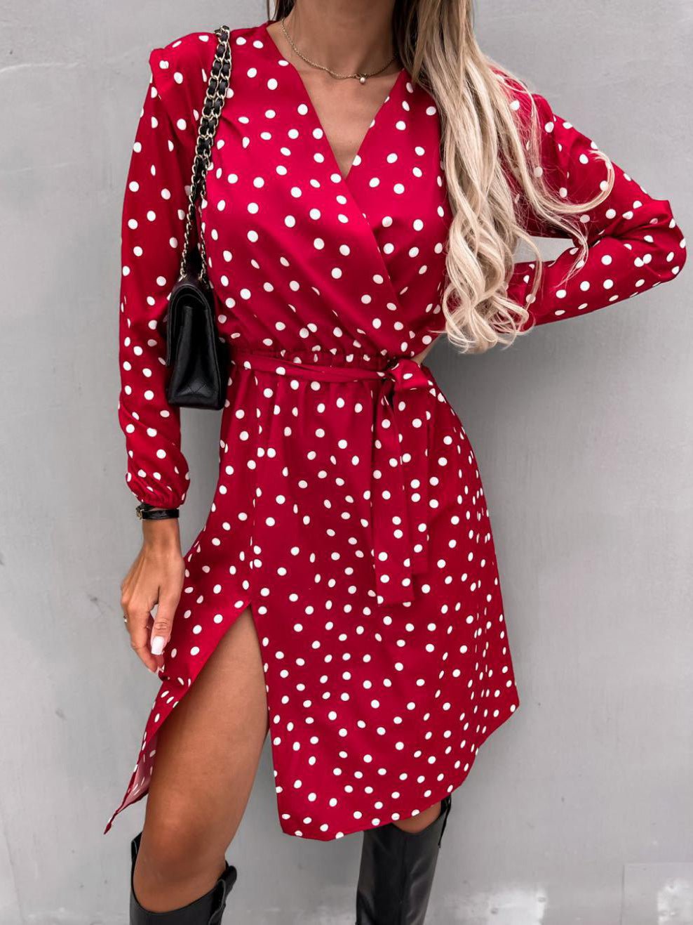 Women's Dresses Lace-Up Long Sleeve Slit Dress - Midi Dresses - Instastyled | Online Fashion Free Shipping Clothing, Dresses, Tops, Shoes - 14/09/2022 - Casual Dresses - Color_Black