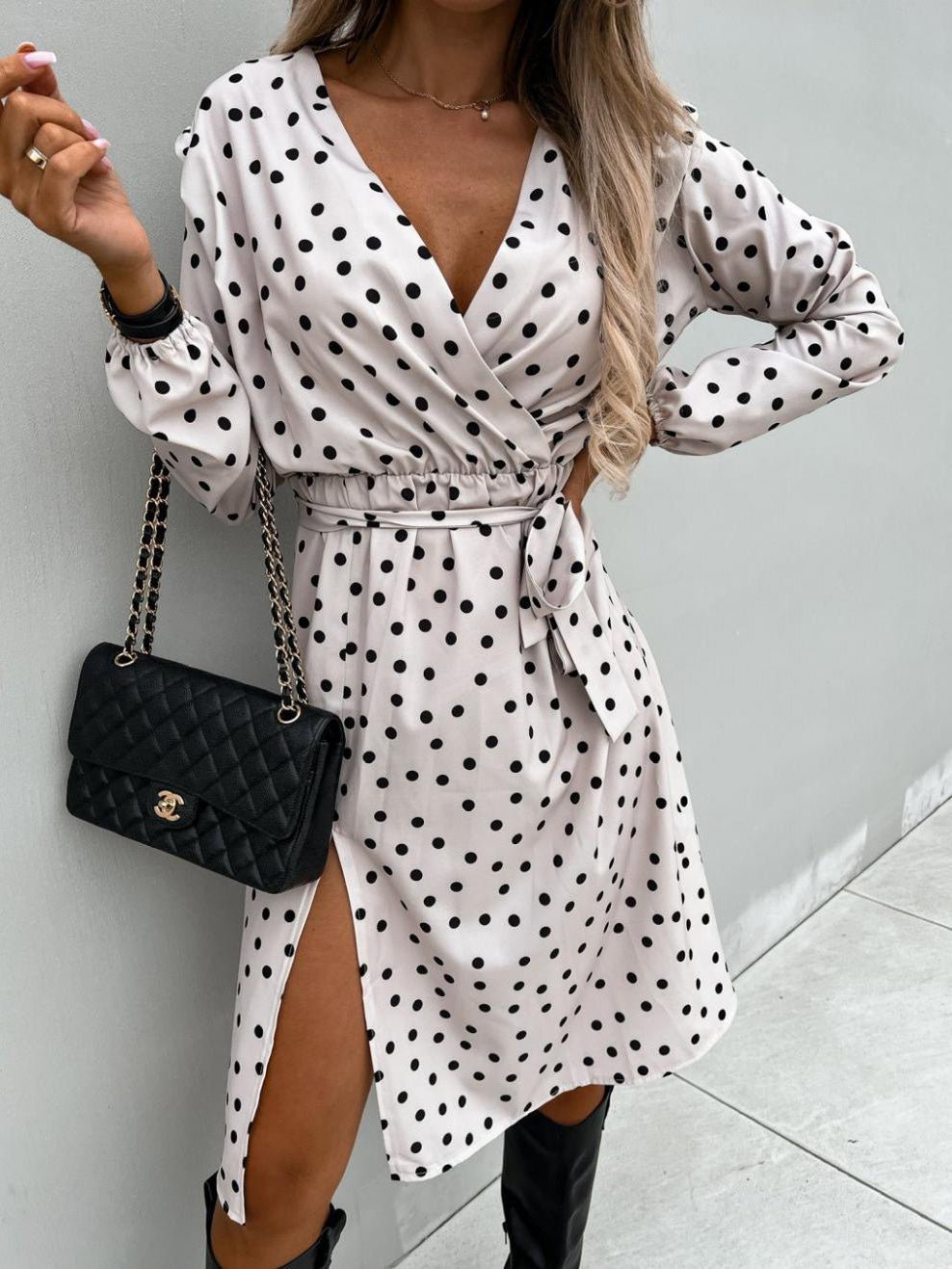 Women's Dresses Lace-Up Long Sleeve Slit Dress - Midi Dresses - Instastyled | Online Fashion Free Shipping Clothing, Dresses, Tops, Shoes - 14/09/2022 - Casual Dresses - Color_Black