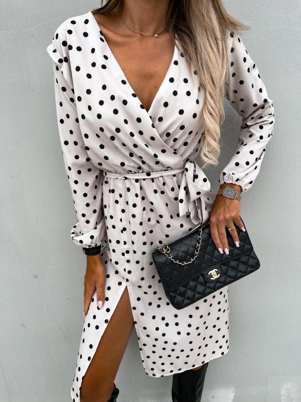 Women's Dresses Lace-Up Long Sleeve Slit Dress - Midi Dresses - Instastyled | Online Fashion Free Shipping Clothing, Dresses, Tops, Shoes - 14/09/2022 - Casual Dresses - Color_Black