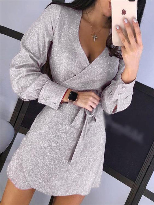 Women's Dresses Lace-Up V-Neck Long Sleeve Sequined Dress - Mini Dresses - INS | Online Fashion Free Shipping Clothing, Dresses, Tops, Shoes - 04/09/2021 - 20-30 - Category_Mini Dresses