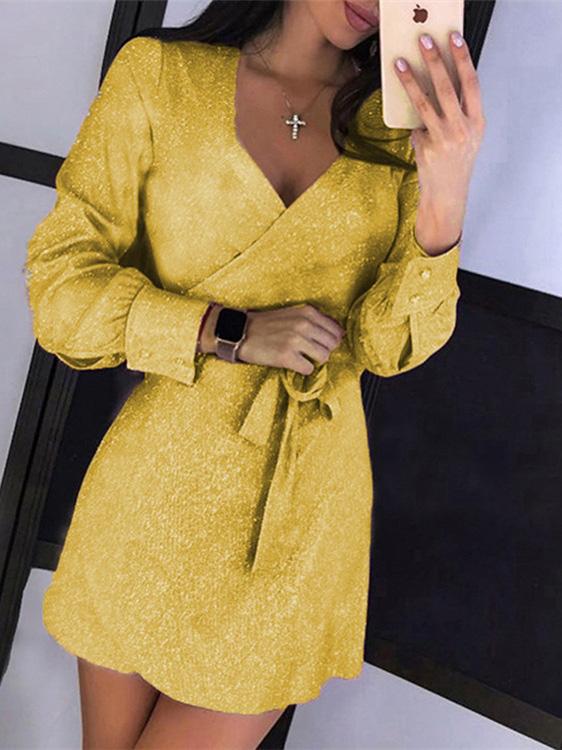 Women's Dresses Lace-Up V-Neck Long Sleeve Sequined Dress - Mini Dresses - INS | Online Fashion Free Shipping Clothing, Dresses, Tops, Shoes - 04/09/2021 - 20-30 - Category_Mini Dresses