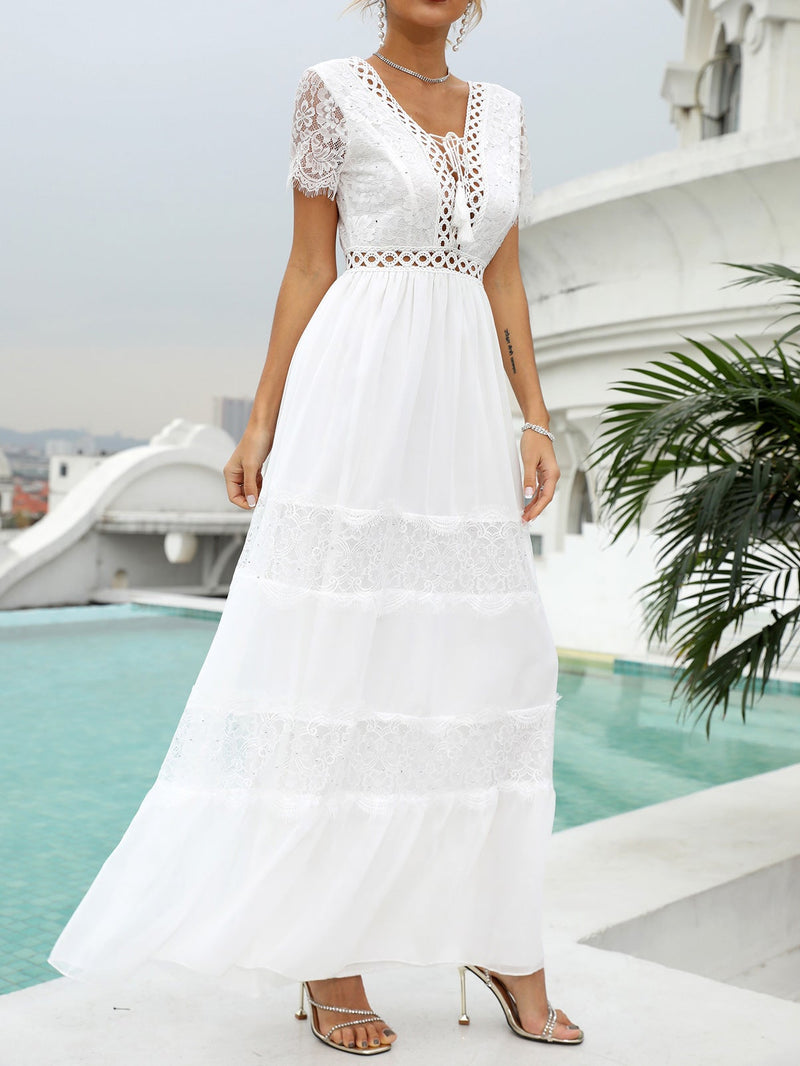 Women's Dresses Lace V-Neck Belted Maxi Dress - Maxi Dresses - Instastyled | Online Fashion Free Shipping Clothing, Dresses, Tops, Shoes - 11/01/2022 - color-white - Color_White