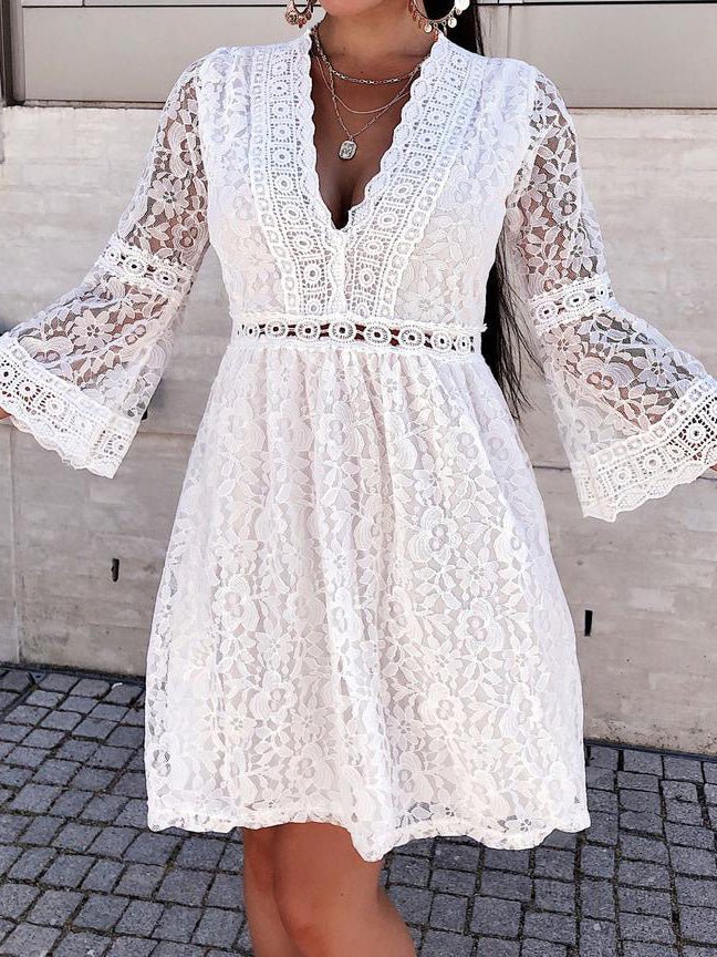 Women's Dresses Lace V-Neck Long Sleeve Mini Dress - Mini Dresses - Instastyled | Online Fashion Free Shipping Clothing, Dresses, Tops, Shoes - 01/09/2022 - Casual Dresses - Color_Black