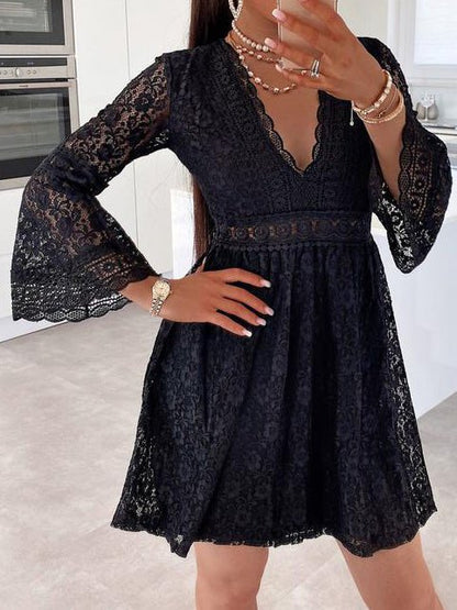 Women's Dresses Lace V-Neck Long Sleeve Mini Dress - Mini Dresses - Instastyled | Online Fashion Free Shipping Clothing, Dresses, Tops, Shoes - 01/09/2022 - Casual Dresses - Color_Black