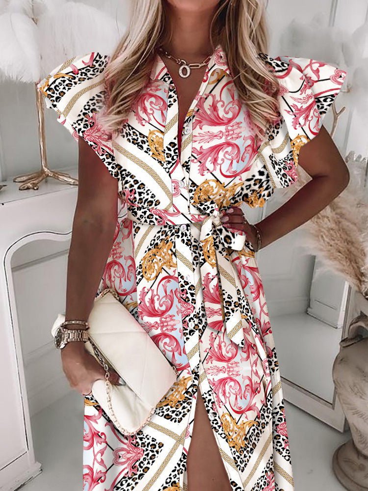 Women's Dresses Lapel Belt Button Ruffle Sleeve Print Dress - Maxi Dresses - Instastyled | Online Fashion Free Shipping Clothing, Dresses, Tops, Shoes - 29/08/2022 - Color_Black - Color_Blue