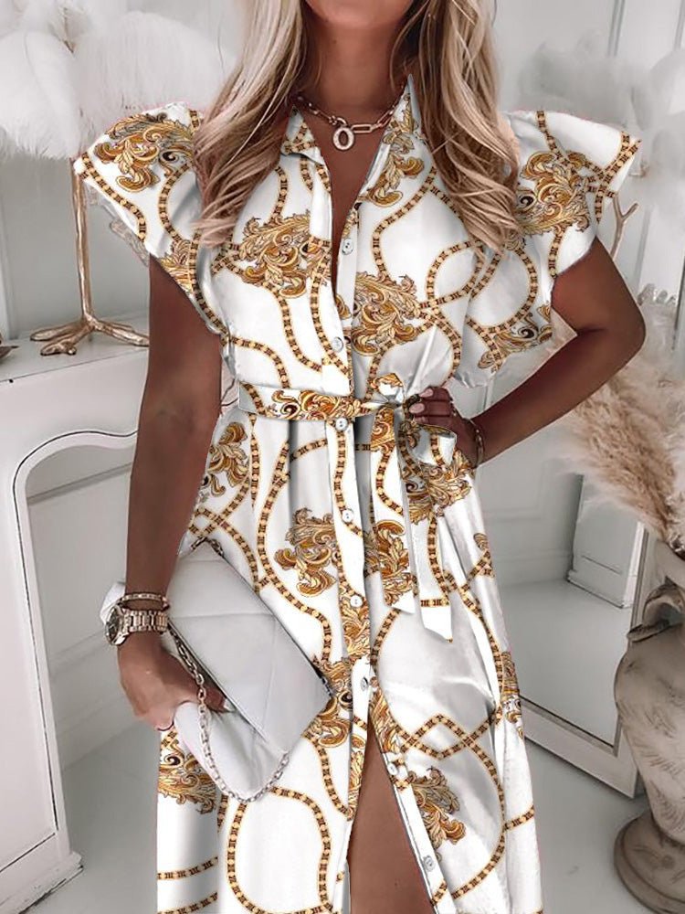 Women's Dresses Lapel Belt Button Ruffle Sleeve Print Dress - Maxi Dresses - Instastyled | Online Fashion Free Shipping Clothing, Dresses, Tops, Shoes - 29/08/2022 - Color_Black - Color_Blue