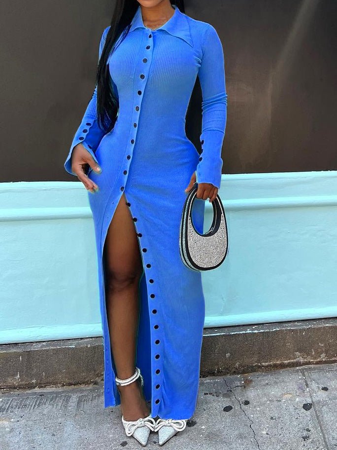 Women's Dresses Lapel Button Long Sleeve Slit Dress - Maxi Dresses - Instastyled | Online Fashion Free Shipping Clothing, Dresses, Tops, Shoes - 01/08/2022 - 40-50 - color-blue