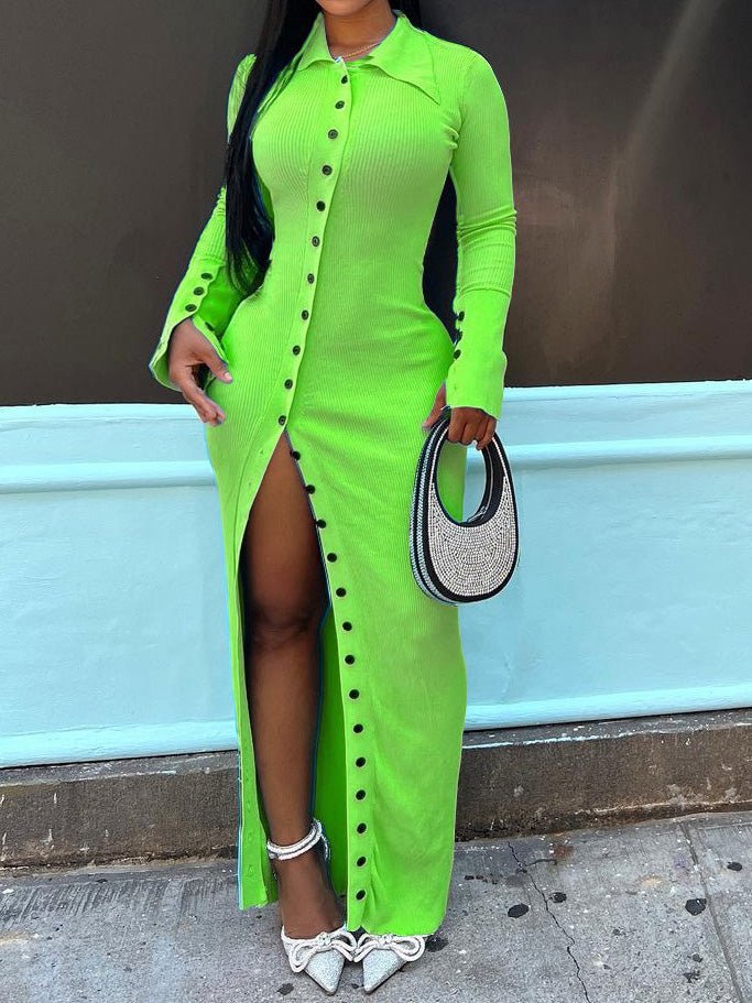 Women's Dresses Lapel Button Long Sleeve Slit Dress - Maxi Dresses - Instastyled | Online Fashion Free Shipping Clothing, Dresses, Tops, Shoes - 01/08/2022 - 40-50 - color-blue