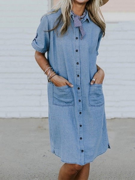 Women's Dresses Lapel Button Pocket Denim Shirt Dress - Midi Dresses - Instastyled | Online Fashion Free Shipping Clothing, Dresses, Tops, Shoes - 17/06/2022 - Casual Dresses - Color_Blue