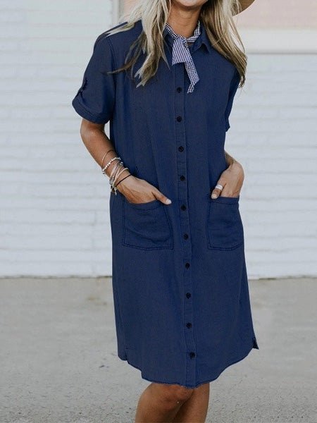 Women's Dresses Lapel Button Pocket Denim Shirt Dress - Midi Dresses - Instastyled | Online Fashion Free Shipping Clothing, Dresses, Tops, Shoes - 17/06/2022 - Casual Dresses - Color_Blue