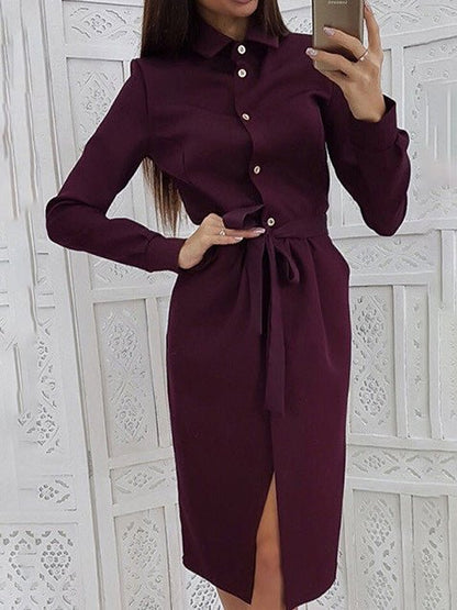 Women's Dresses Lapel Button Tie Long Sleeve Shirt Dress - Midi Dresses - Instastyled | Online Fashion Free Shipping Clothing, Dresses, Tops, Shoes - 20-30 - 22/08/2022 - casual-dresses