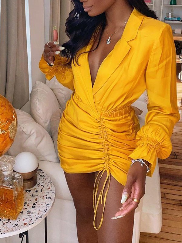 Women's Dresses Lapel Drawstring Long Sleeve Mini Dress - Mini Dresses - Instastyled | Online Fashion Free Shipping Clothing, Dresses, Tops, Shoes - 14/09/2022 - Color_Black - Color_Yellow