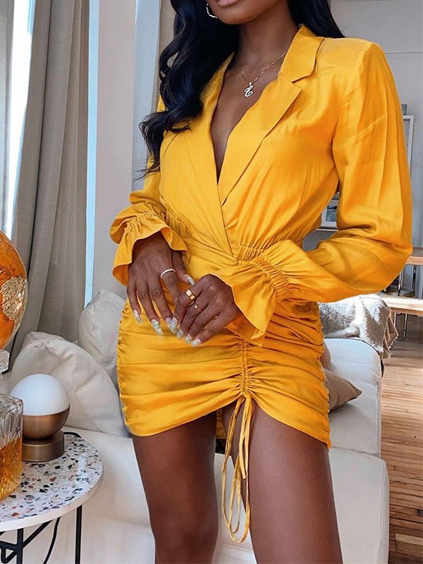 Women's Dresses Lapel Drawstring Long Sleeve Mini Dress - Mini Dresses - Instastyled | Online Fashion Free Shipping Clothing, Dresses, Tops, Shoes - 14/09/2022 - Color_Black - Color_Yellow