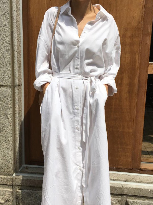 Women's Dresses Lapel Tie Button Long Sleeve Shirt Dress - Maxi Dresses - Instastyled | Online Fashion Free Shipping Clothing, Dresses, Tops, Shoes - 11/08/2022 - 40-50 - color-white