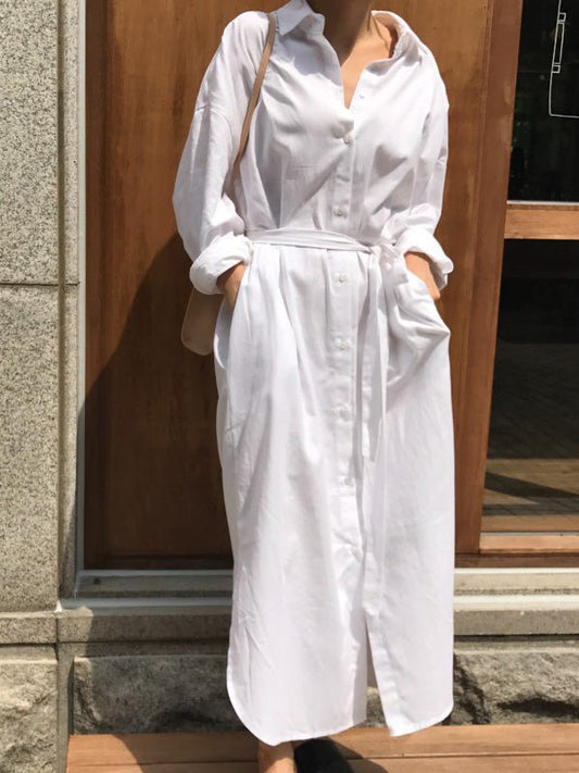 Women's Dresses Lapel Tie Button Long Sleeve Shirt Dress - Maxi Dresses - Instastyled | Online Fashion Free Shipping Clothing, Dresses, Tops, Shoes - 11/08/2022 - 40-50 - color-white